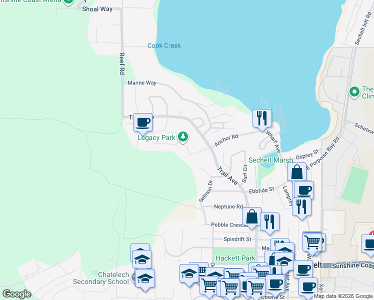 map of restaurants, bars, coffee shops, grocery stores, and more near 5820 Anchor Road in Sechelt