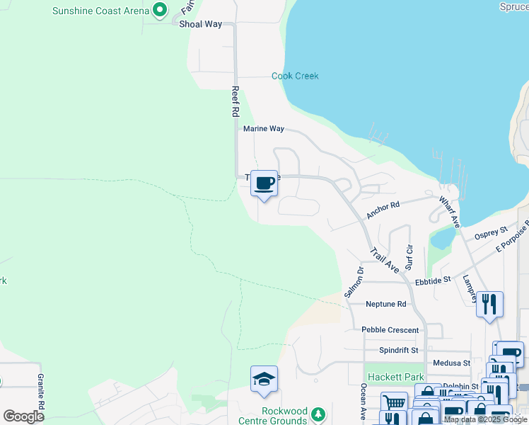 map of restaurants, bars, coffee shops, grocery stores, and more near 5754 Binnacle Avenue in Sechelt