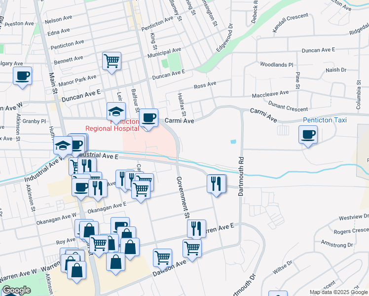 map of restaurants, bars, coffee shops, grocery stores, and more near 402 Industrial Avenue East in Penticton