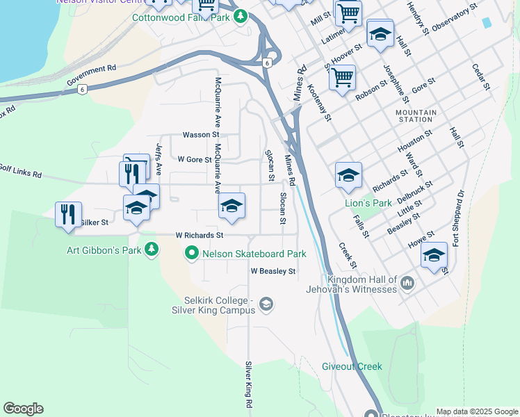 map of restaurants, bars, coffee shops, grocery stores, and more near 1524 Vancouver Street in Nelson