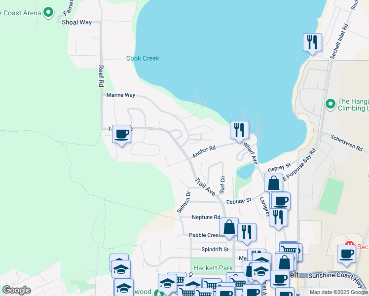 map of restaurants, bars, coffee shops, grocery stores, and more near 5758 Trail Avenue in Sechelt