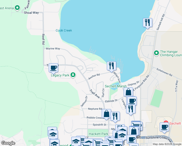 map of restaurants, bars, coffee shops, grocery stores, and more near 5740 Marine Way in Sechelt