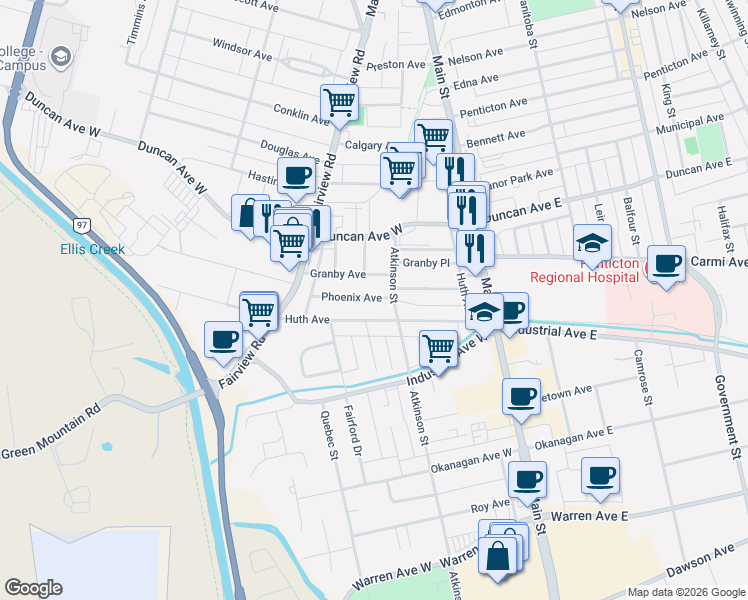 map of restaurants, bars, coffee shops, grocery stores, and more near 150 Granby Avenue in Penticton