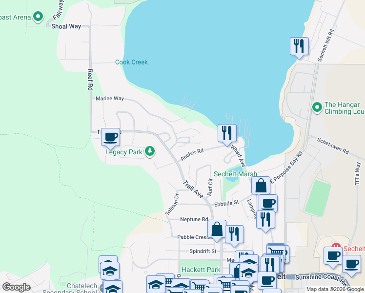 map of restaurants, bars, coffee shops, grocery stores, and more near 5740 Marine Way in Sechelt