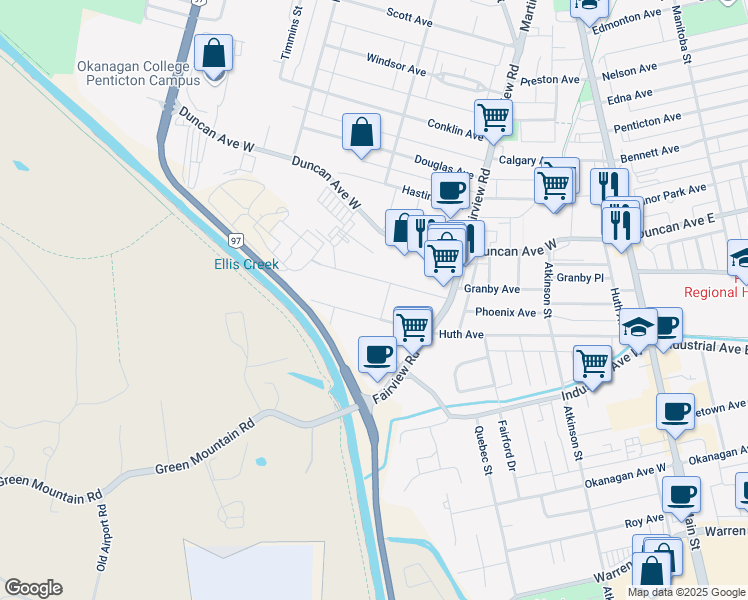 map of restaurants, bars, coffee shops, grocery stores, and more near 200 Waterloo Avenue in Penticton