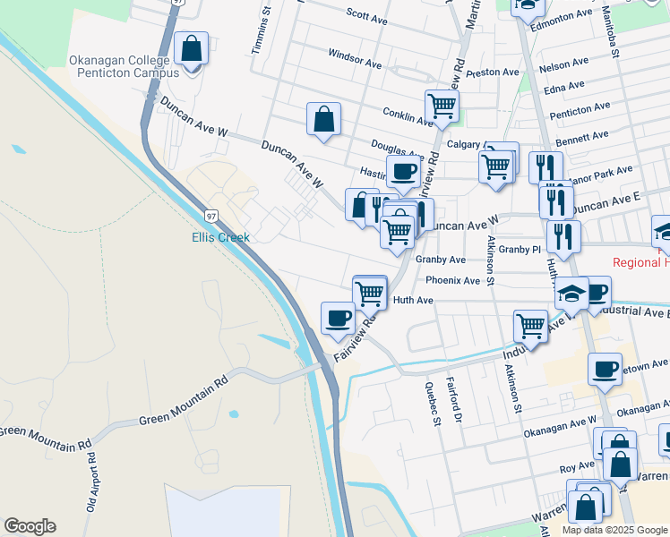 map of restaurants, bars, coffee shops, grocery stores, and more near 200 Waterloo Avenue in Penticton