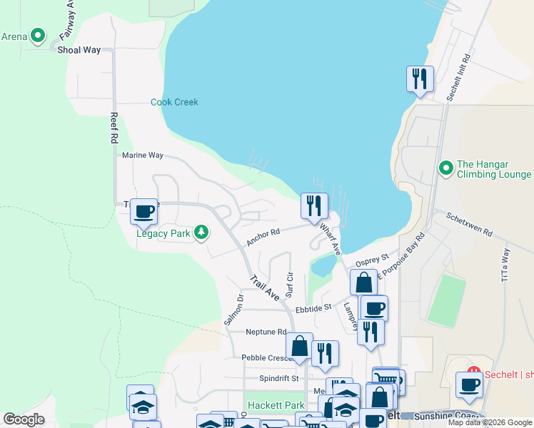 map of restaurants, bars, coffee shops, grocery stores, and more near 5768 Marine Way in Sechelt