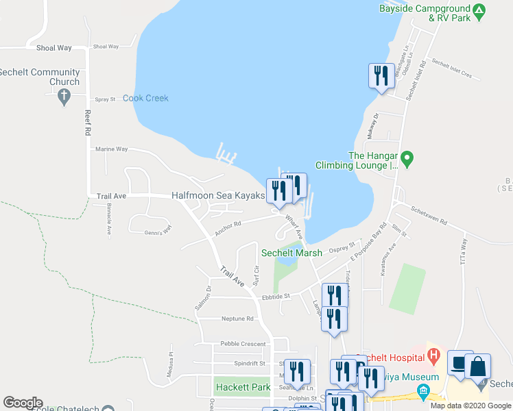 map of restaurants, bars, coffee shops, grocery stores, and more near 5720 Anchor Road in Sechelt
