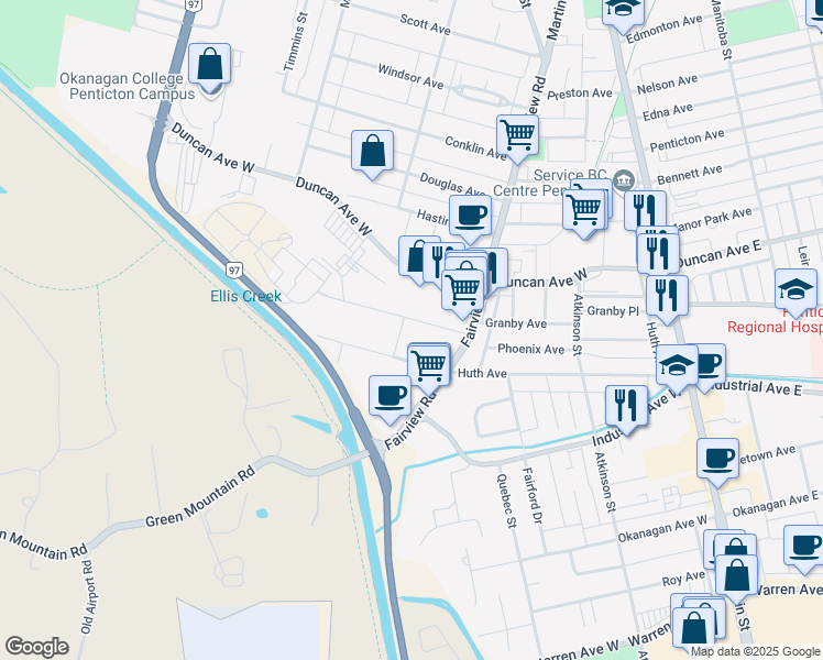 map of restaurants, bars, coffee shops, grocery stores, and more near 200 Waterloo Avenue in Penticton