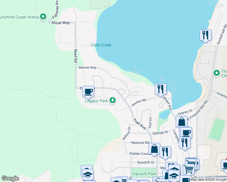 map of restaurants, bars, coffee shops, grocery stores, and more near 5785 Trail Avenue in Sechelt