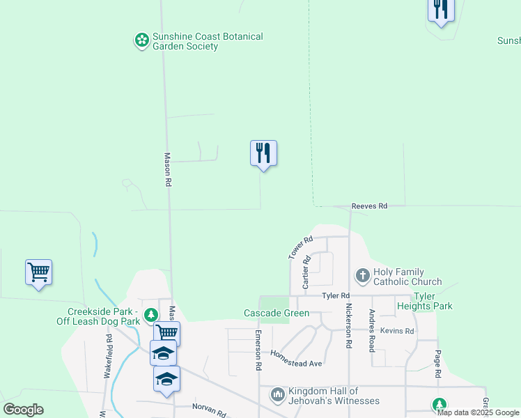 map of restaurants, bars, coffee shops, grocery stores, and more near Reeves Road in Sechelt