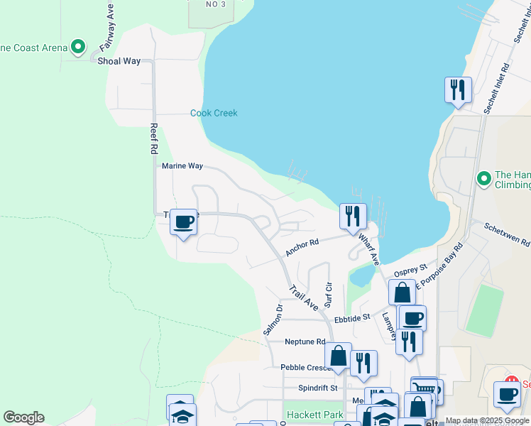 map of restaurants, bars, coffee shops, grocery stores, and more near 5780 Trail Avenue in Sechelt