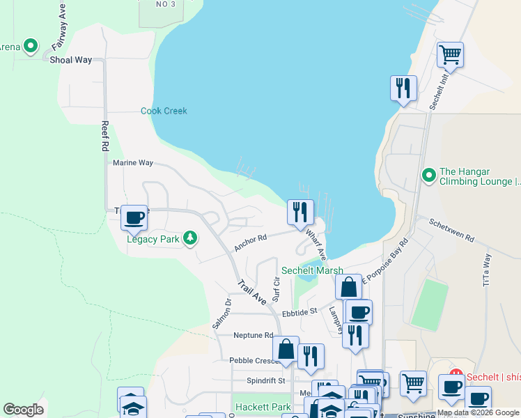 map of restaurants, bars, coffee shops, grocery stores, and more near 5780 Marine Way in Sechelt