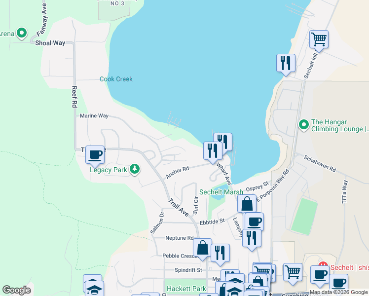 map of restaurants, bars, coffee shops, grocery stores, and more near 5780 Marine Way in Sechelt