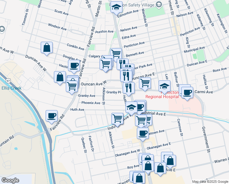 map of restaurants, bars, coffee shops, grocery stores, and more near 63 Granby Place in Penticton
