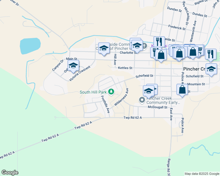 map of restaurants, bars, coffee shops, grocery stores, and more near 533 Schofield Street in Pincher Creek