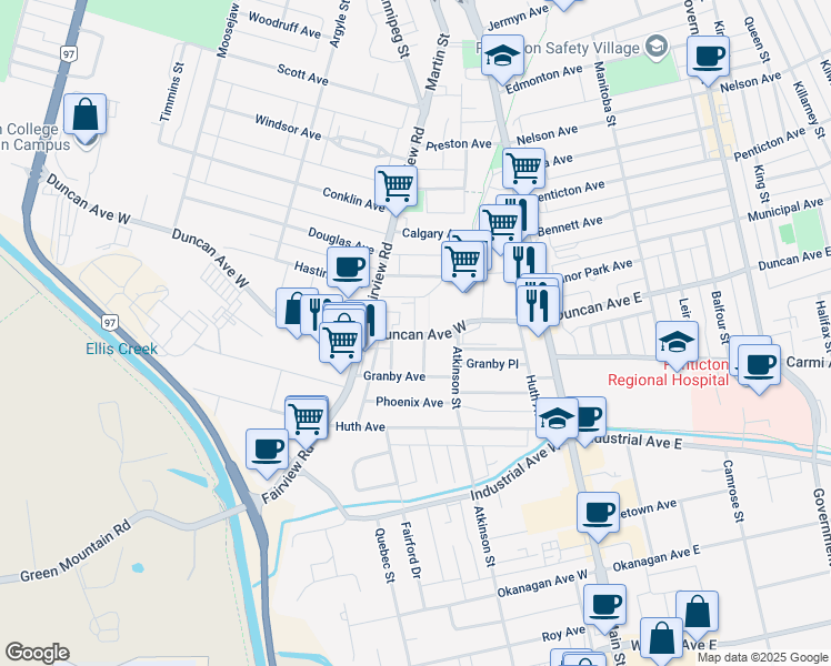 map of restaurants, bars, coffee shops, grocery stores, and more near 141 Duncan Avenue West in Penticton