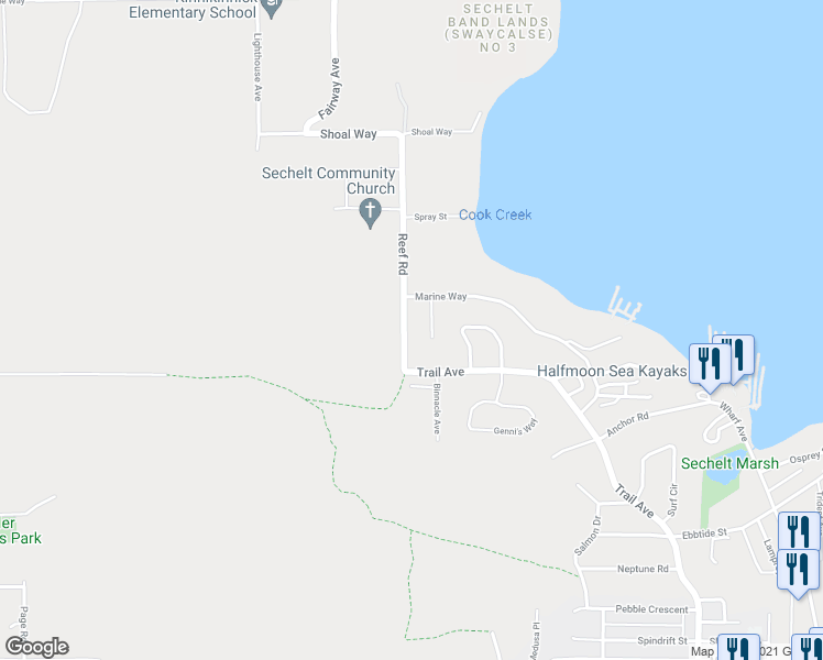 map of restaurants, bars, coffee shops, grocery stores, and more near 5822 Reef Road in Sechelt