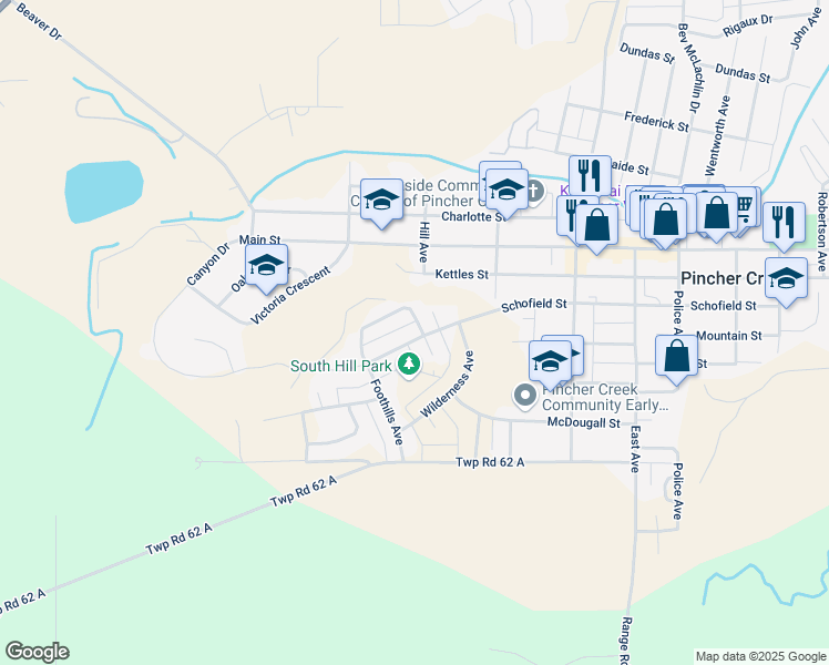 map of restaurants, bars, coffee shops, grocery stores, and more near 533 Schofield Street in Pincher Creek