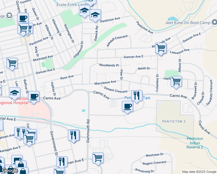 map of restaurants, bars, coffee shops, grocery stores, and more near 111 Dunant Crescent in Penticton
