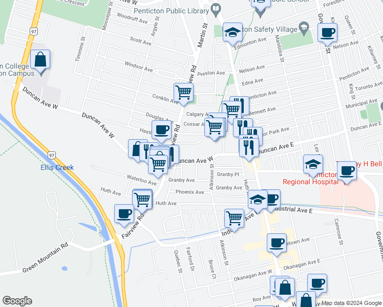 map of restaurants, bars, coffee shops, grocery stores, and more near 151 Duncan Avenue West in Penticton