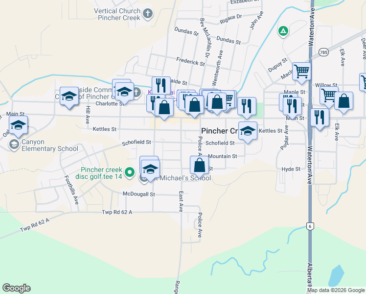 map of restaurants, bars, coffee shops, grocery stores, and more near 943 East Avenue in Pincher Creek