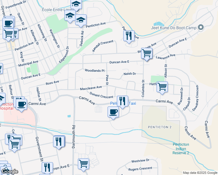 map of restaurants, bars, coffee shops, grocery stores, and more near 1502 Pine Street in Penticton