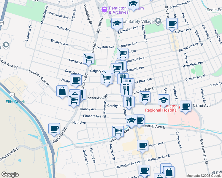 map of restaurants, bars, coffee shops, grocery stores, and more near 1301 Main Street in Penticton