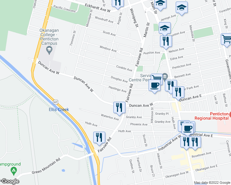 map of restaurants, bars, coffee shops, grocery stores, and more near 246 Hastings Avenue in Penticton