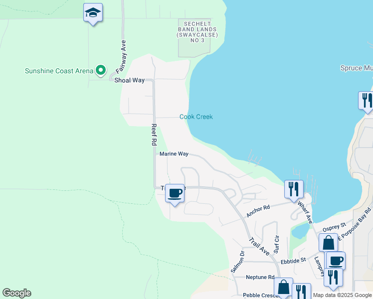 map of restaurants, bars, coffee shops, grocery stores, and more near 5836 Marine Way in Sechelt