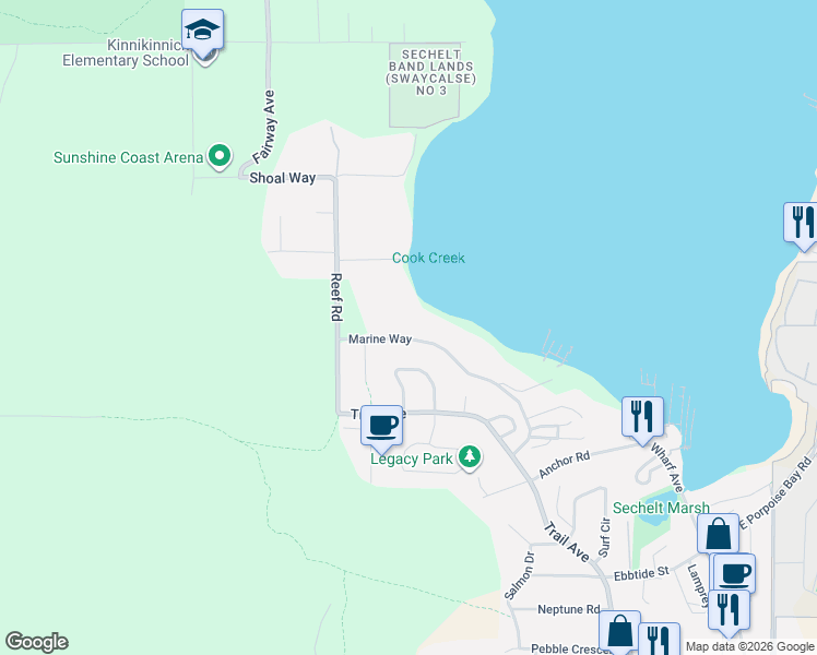 map of restaurants, bars, coffee shops, grocery stores, and more near 5836 Marine Way in Sechelt