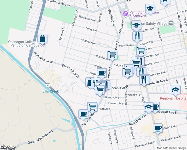 map of restaurants, bars, coffee shops, grocery stores, and more near 256 Hastings Avenue in Penticton
