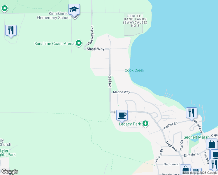 map of restaurants, bars, coffee shops, grocery stores, and more near 5878 Reef Road in Sechelt