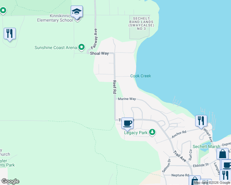 map of restaurants, bars, coffee shops, grocery stores, and more near 5878 Reef Road in Sechelt