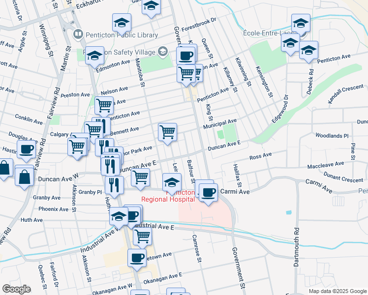 map of restaurants, bars, coffee shops, grocery stores, and more near 1355 Balfour Street in Penticton