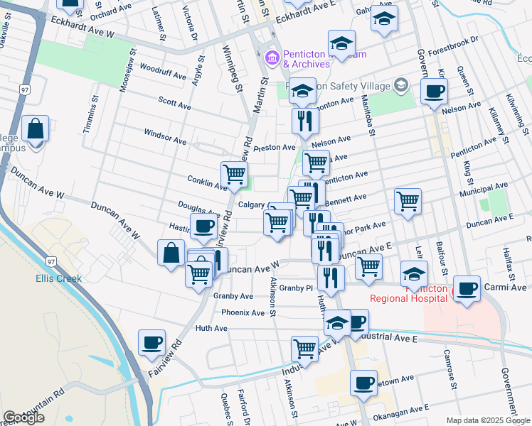 map of restaurants, bars, coffee shops, grocery stores, and more near 1301 Main Street in Penticton