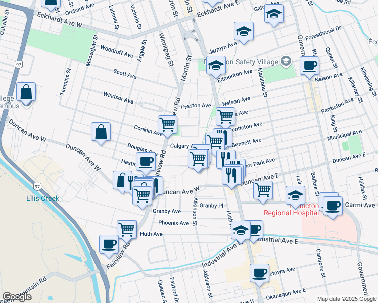 map of restaurants, bars, coffee shops, grocery stores, and more near 149 Cossar Avenue in Penticton