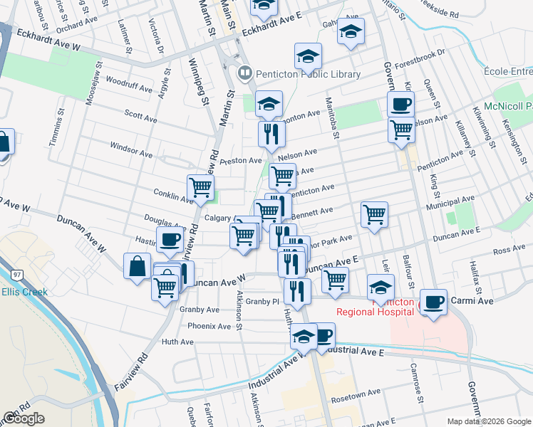 map of restaurants, bars, coffee shops, grocery stores, and more near 43 Calgary Avenue in Penticton