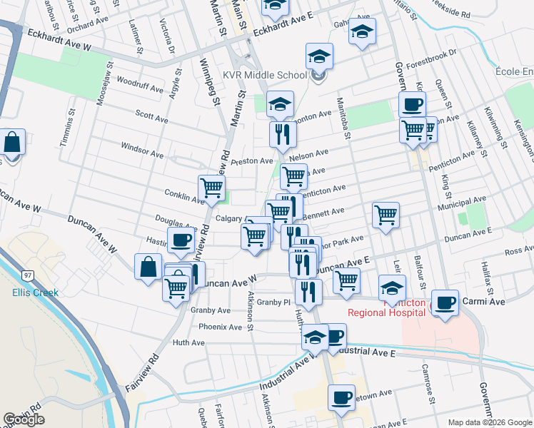 map of restaurants, bars, coffee shops, grocery stores, and more near 83 Calgary Avenue in Penticton