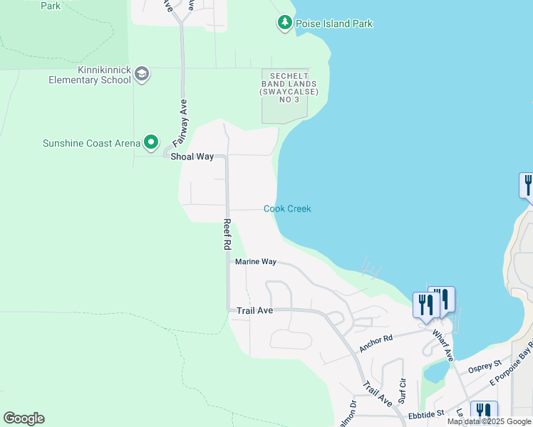 map of restaurants, bars, coffee shops, grocery stores, and more near 5883 Spray Street in Sechelt