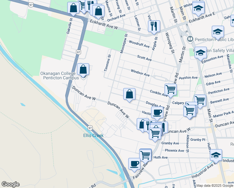 map of restaurants, bars, coffee shops, grocery stores, and more near in Penticton
