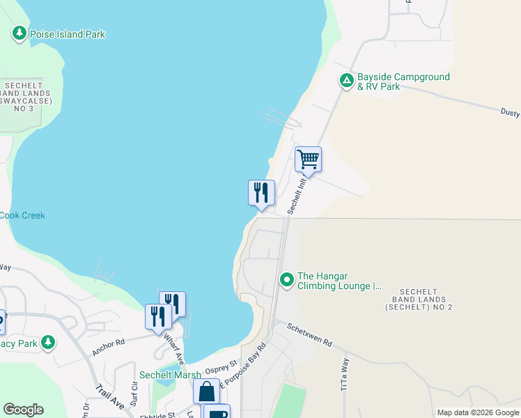 map of restaurants, bars, coffee shops, grocery stores, and more near 5591 Delta Road in Sechelt