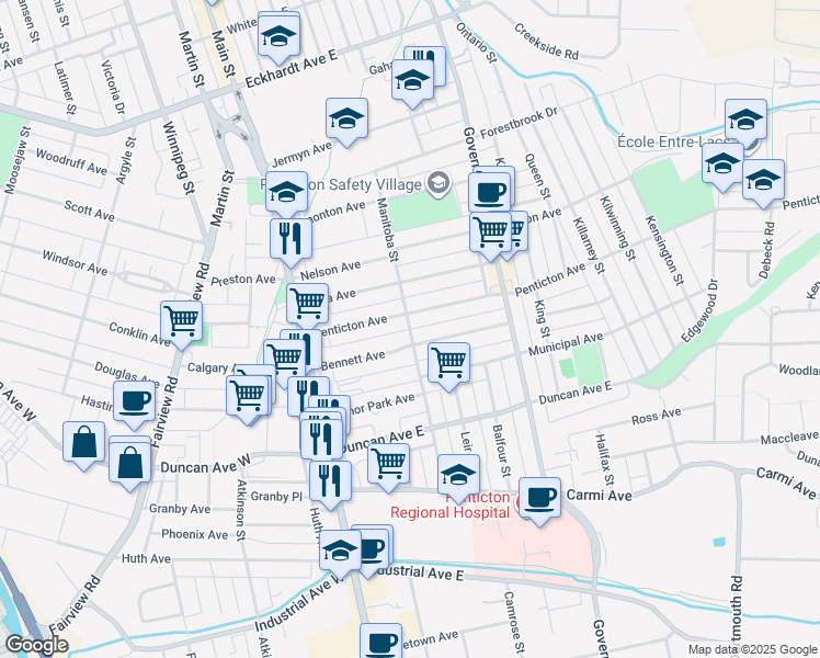 map of restaurants, bars, coffee shops, grocery stores, and more near Manitoba Street in Penticton