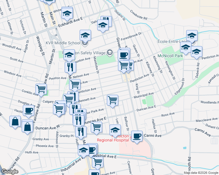 map of restaurants, bars, coffee shops, grocery stores, and more near 448 Bennett Avenue in Penticton
