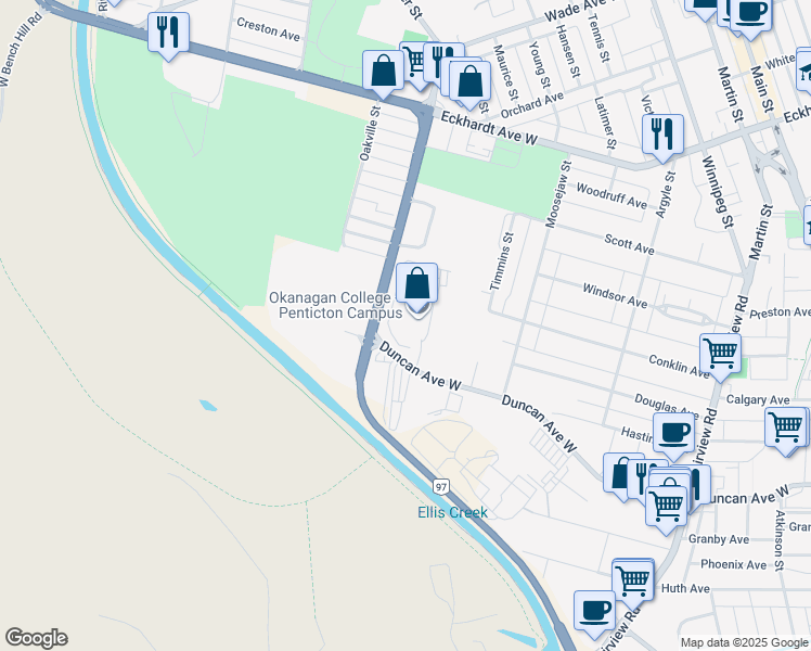 map of restaurants, bars, coffee shops, grocery stores, and more near 583 Duncan Avenue West in Penticton