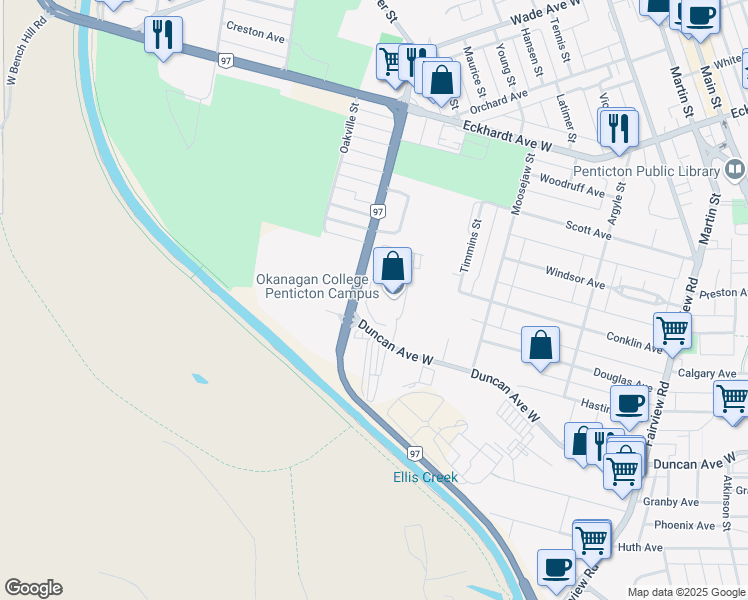 map of restaurants, bars, coffee shops, grocery stores, and more near 583 Duncan Avenue West in Penticton