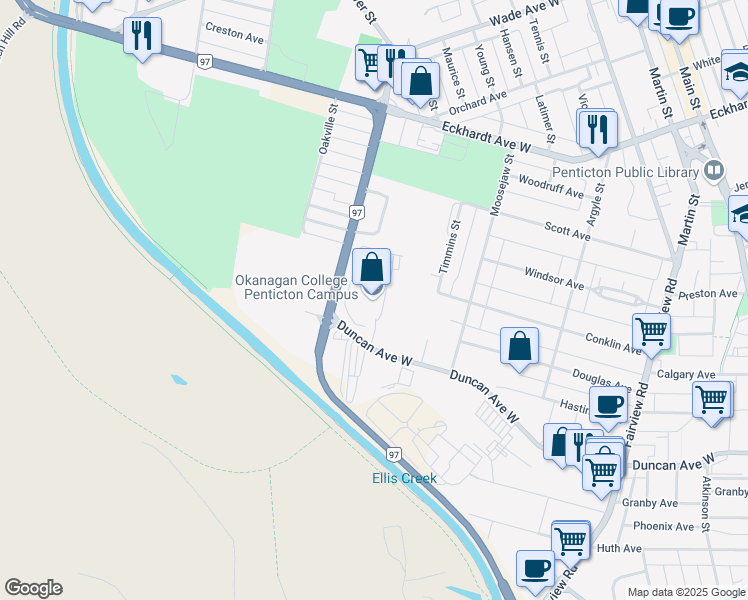 map of restaurants, bars, coffee shops, grocery stores, and more near 583 Duncan Avenue West in Penticton