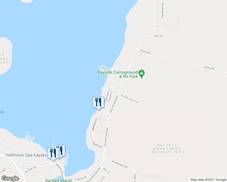 map of restaurants, bars, coffee shops, grocery stores, and more near 5968 Beachgate Lane in Sechelt