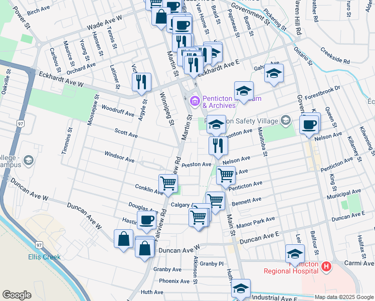 map of restaurants, bars, coffee shops, grocery stores, and more near 885 Fairview Road in Penticton
