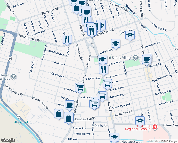 map of restaurants, bars, coffee shops, grocery stores, and more near 885 Fairview Road in Penticton